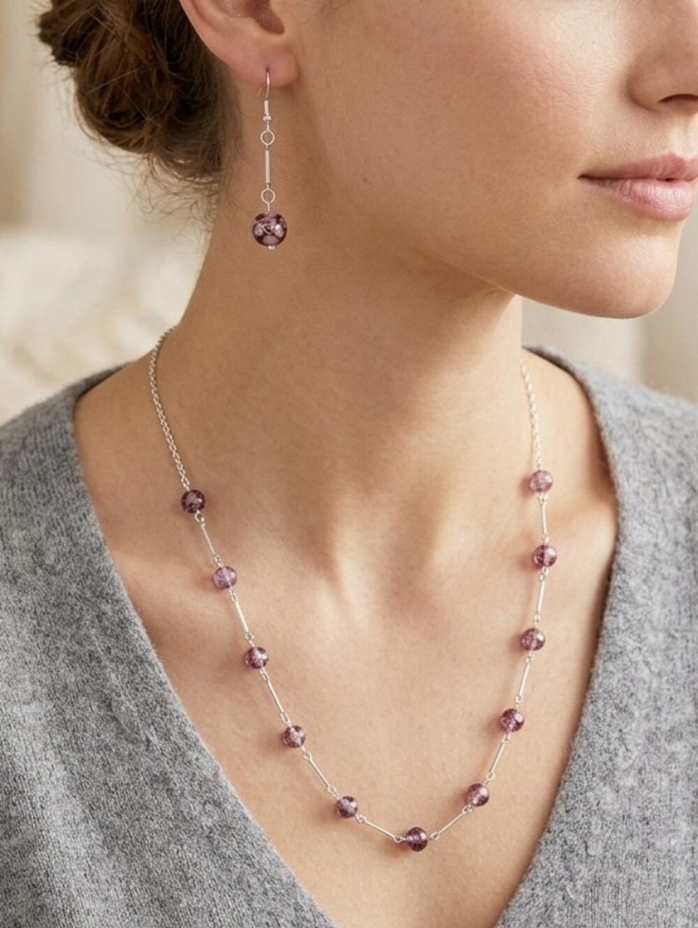 Handcrafted Acrylic Brown,Purple And Gold Bead Necklace & Earring Set